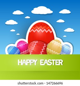 Colorful easter eggs on green grass with blue sky on background, Happy Easter celebration, vector 