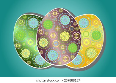 Colorful easter eggs on the green background