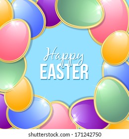 Colorful Easter eggs on light blue background