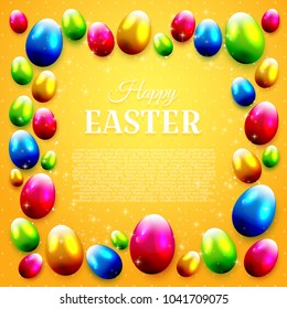 Colorful Easter eggs on orange background. Place for your text