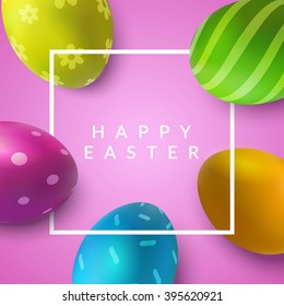 Colorful easter eggs on pink background. Vector template.