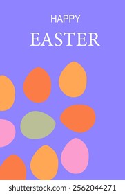 Colorful easter eggs on purple background with happy easter text. Easter card modern design