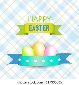 Colorful easter eggs on tablecloth. Vector Illustration.