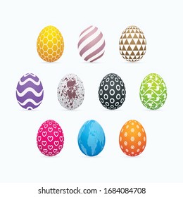 Colorful easter eggs on white background. Three dimensional patterned egg icon set.