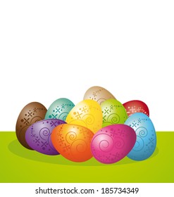 Colorful Easter eggs on white background. Vector banner.