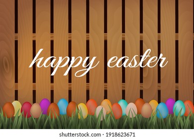 Colorful Easter eggs on wooden background, flat lay. Space for text