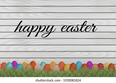 Colorful Easter eggs on wooden background, flat lay. Space for text