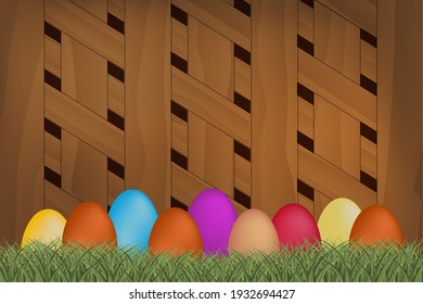 Colorful Easter eggs on wooden background, flat lay. Space for text