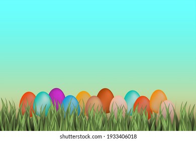 Colorful Easter eggs on wooden background, flat lay. Space for text