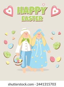 Colorful Easter eggs and a pair of loving bunnies for Happy Easter