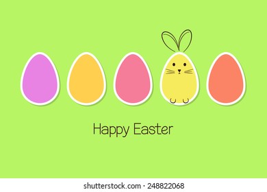 Colorful Easter eggs in paper cutout style with doodle rabbit 