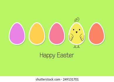 Colorful Easter eggs in paper cutout style with doodle chicken 