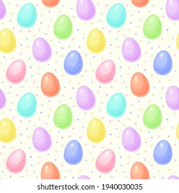 Colorful Easter eggs in pastel rainbow colors with sprinkle dots on a pale yellow background. Seamless repeating background. Vector illustration.