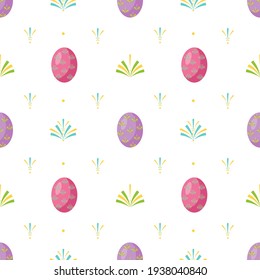 Colorful Easter eggs and patterns on a white background. Easter seamless pattern. Vector illustration for wrapping paper, background wallpaper, postcards, fabric printing.
