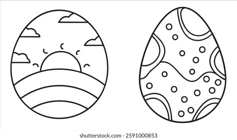 Colorful Easter eggs with playful patterns and a sunrise scene, perfect for holiday decorations.