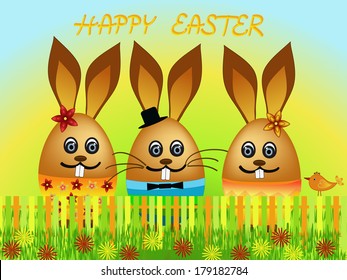 colorful easter eggs and rabbit
