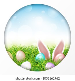 Colorful Easter eggs and rabbit ears sticking out of the grass. Spring landscape with blue sky. Greetig card template. Spring easter design