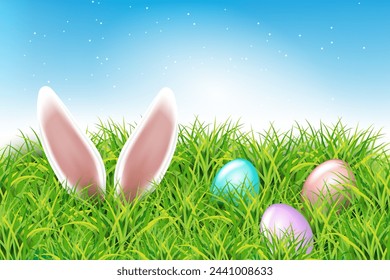 Colorful Easter eggs and rabbit ears sticking out of the grass. Spring landscape with blue sky. Spring easter design