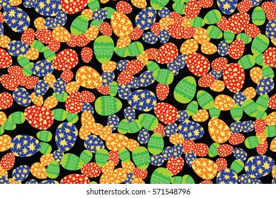 Colorful Easter eggs randomly placed on black background. Christian holiday seamless pattern. Wrapping or greeting card texture. Bright colors vector eps8 illustration.