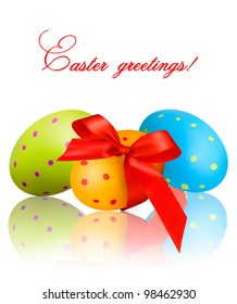 Colorful Easter Eggs with red bow and ribbons. Vector.