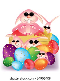 Colorful Easter eggs with ribbon and smart bunny rabbit