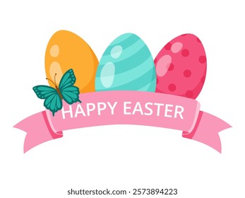 colorful Easter eggs with ribbon, text Happy Easter. Spring composition. Vector illustration. banner design