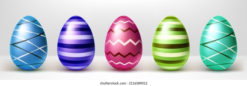 Colorful Easter eggs row, isolated 3d vector objects decorated with stripes and zig-zag pattern on white background. Blue, purple, green and pink holiday design elements, Realistic illustration, set