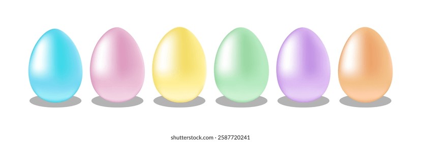 Colorful Easter eggs row. Painted shiny chicken eggs. Isolated pink, purple, orange, yellow, green and blue 3d vector eggs. Holiday decorative design elements. Colored Easter Eggs in Pastel Colors