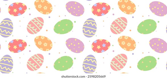 Colorful Easter Eggs seamless patterns for fabric, textiles, clothing, banner, backgrounds, wrapping paper, cover, texture, wallpaper decor. Happy Easter Holiday.
