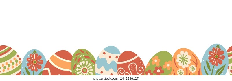 Colorful easter eggs seamless vector border, frame