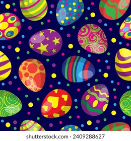 Colorful easter eggs set collection seamless pattern on bright background. Happy easter vector illustration.