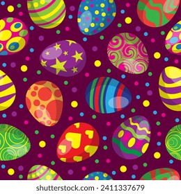 Colorful easter eggs set collection seamless pattern on bright background. Happy easter vector illustration.