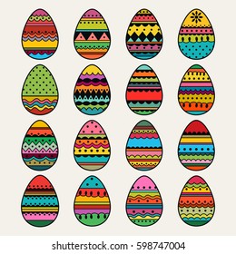 Colorful Easter eggs set. Collection isolated on white background. Vector illustration.