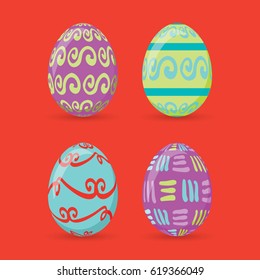 Colorful easter eggs set collection, vector illustration. Easter eggs for Easter holidays design isolated on red background.