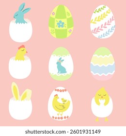 Colorful Easter eggs set decorated with chicken, bunny, leaves and flowers