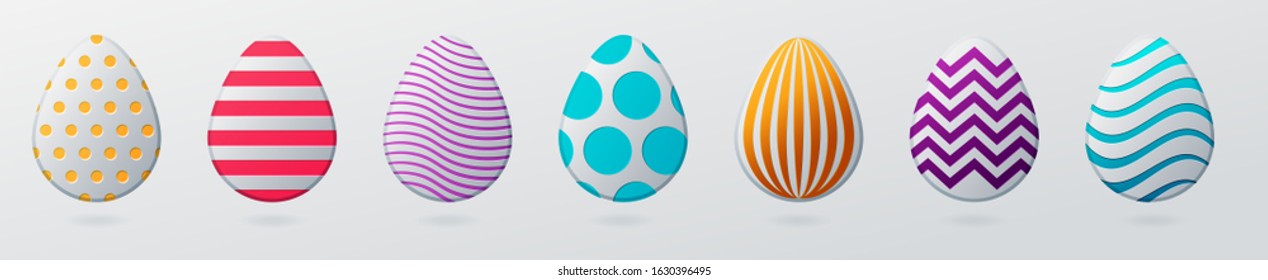 Colorful easter eggs. Set of egg with dot patterns, spiral and lines pattern on a for design for cards, posters, invitations for Easter