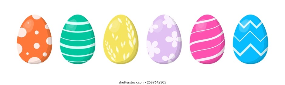 Colorful Easter eggs. Set of festive eggs with different patterns. Vector elements for design, decor, sticker, card, banner, sale.