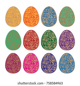 Colorful Easter Eggs Set with Gold Ornament in Russian Traditional Folk Art Style. Vector Illustration.