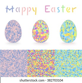 Colorful Easter eggs set with triangular backgrounds. Polygonal mosaic