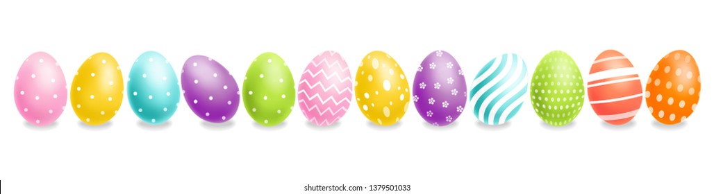 Colorful Easter eggs set Vector realistic. Spring holiday banner. 3d detailed poster templates