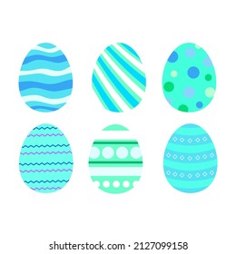 Colorful Easter eggs in shades of blue and birch, painted with patterns for Easter holiday decoration, isolated on white background. Vector illustration