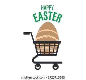 Colorful Easter eggs in a shopping cart on white background. Horizontal composition with copy space. Shopping and Easter concept.