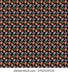 Colorful easter eggs and spring elements on a dark background