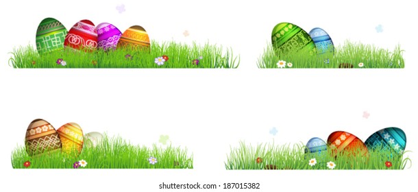 Colorful Easter eggs with spring flowers in the grass. Four Easter scenes on a white background