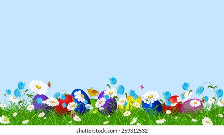 Colorful Easter eggs  and  spring flowers.