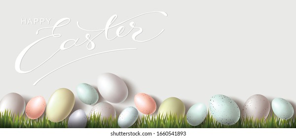 Colorful Easter Eggs in spring green grass with Happy Easter Holiday Greeting Text. Easter Background with realistic 3d egg decoration.	
