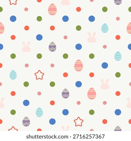 Coloridos huevos de Pascua, estrella, conejo y puntos dispuestos en línea de fondo de Vector sin patrón. Diseño de vacaciones de huevos de pascua de Vector Doodle para tela, envoltura, textil, Fondo de pantalla, tarjeta, estacionario.