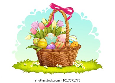 Colorful Easter eggs and tulips in wicker basket on grass illustration.