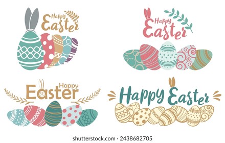 Huevos de Pascua coloridos, ramitas, un saludo "Feliz Pascua" con orejas de conejo. Huevos de Pascua, cara de conejo y orejas - elementos de los atributos de Pascua para tarjetas de vacaciones y otros. Ilustración vectorial.