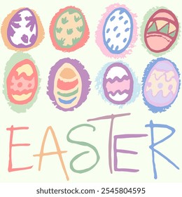 Colorful Easter eggs. Vector graphic, isolated. Hand draw with texture and interesting muster. 